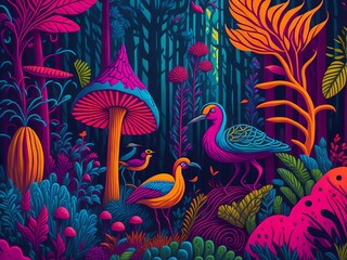 Fototapeta na wymiar Colorful neon playful forest scene with mushrooms and exotic birds and plants in vivid peakcock colors, psychedelic style. Generative AI