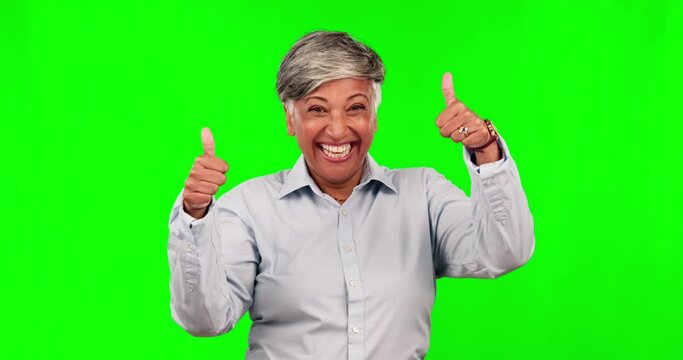 Thank you, woman with thumbs up and face on a green screen with celebration. Feedback or success, achievement or winner and mature female person with like hand emoji gesture for winning of good news