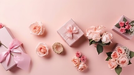 A collection of Gift box and pink flowers on pink pastel background