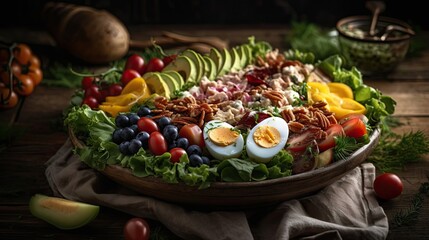 Fototapeta na wymiar Closeup Cobb salad full of chunks of vegetables, boiled eggs and meat on blur background