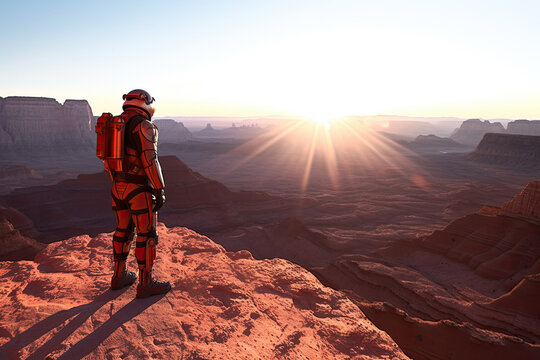 a man standing on the edge of a cliff looking out at the sun setting in the sky over canyons