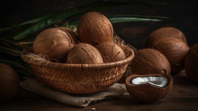 Closeup Coconuts fruits in a bamboo basket with blurred background