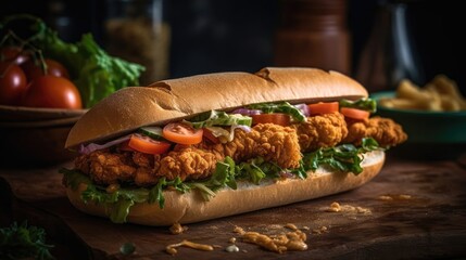 Closeup Po Boy Sandwiches on wooden table with vegetable toppings and blur background
