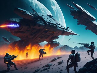 Science fiction space battle war scene with soldiers and spaceships. Generative AI