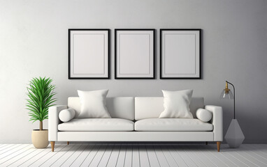 There is a white sofa with a simple design. Three picture frames are displayed on the white wall. Generative AI.