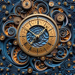 Fototapeta na wymiar A clock made out of blue and gold paper. Generative AI.