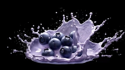 Fototapeta na wymiar Blueberry milks splash on Black Background Generative AI