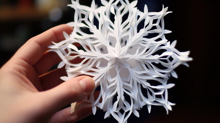 A person holding a paper snowflake in their hand. Generative AI.