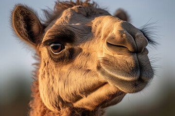 Fototapeta premium a camel's face with the sun shining through its eyes and hair blowing in the wind it is looking directly into the camera
