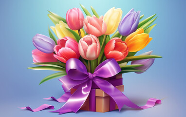 A colorful bouquet of tulips, elegantly tied with ribbons. Suitable for gifting on occasions like Mother's Day, Father's Day, birthdays, or wedding anniversaries. Generated AI