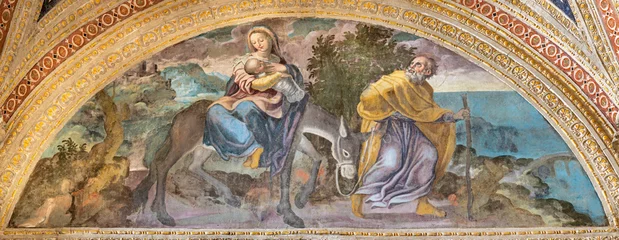 Poster NAPLES, ITALY - APRIL 23, 2023: The fresco of Flight to Egypt in the church Chiesa di San Giovanni a Carbonara by unknown mannerist painter from years (1570 - 1575). © Renáta Sedmáková