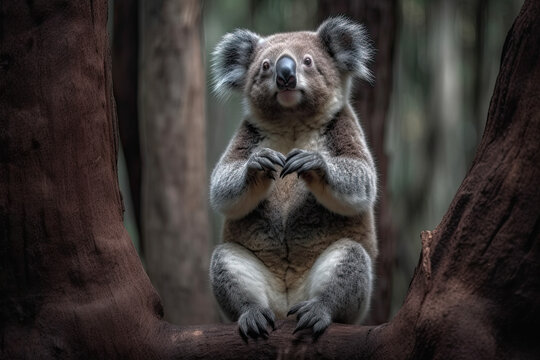 a koloa sitting in the middle of a tree, looking up at the camera with its eyes closed