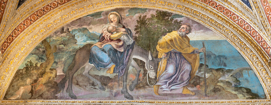 NAPLES, ITALY - APRIL 23, 2023: The fresco of Flight to Egypt in the church Chiesa di San Giovanni a Carbonara by unknown mannerist painter from years (1570 - 1575).