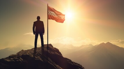 business, success, leadership, success and people concept - silhouette of businessman with flag on top of mountain over blue sky and sunlit background