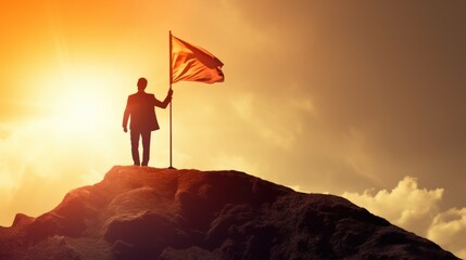 business, success, leadership, success and people concept - silhouette of businessman with flag on top of mountain over blue sky and sunlit background