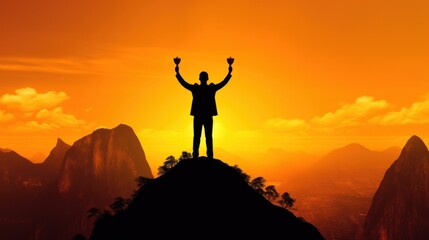 Silhouette of a businessman holding a trophy on top of a mountain with the sunset. The concept of a successful business or great executive to lead the organization to success.