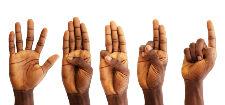 Set of counting black hands isolated on transparent background. Counting from 5 to 1