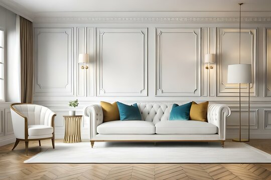 Contemporary classic white interior with sofa, lamps and decor. Classic white interior.