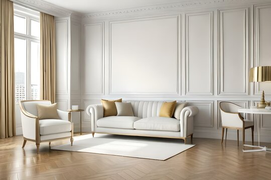 Contemporary classic white interior with sofa, lamps and decor. 3d render illustration mockup.