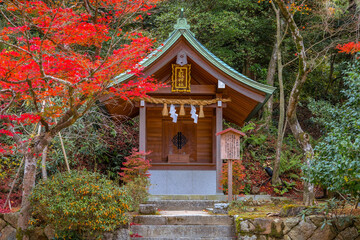 Fukuoka, Japan - Nov 30 2022: Homangu Kamado shrine located at Mt. Homan, venerated from ancient times as a sacred mountain, the shrine probably the inspiration for Kimetsu no Yaiba: Demon Slayer