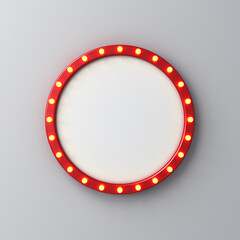 Retro round signage or blank shining signboard with glowing yellow neon light bulbs isolated on white grey wall background with shadow 3D rendering