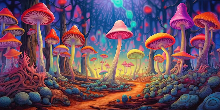 Colorful mushrooms in psychedelic forest. Neon dmt mushrooms concept