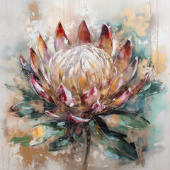 Abstract floral oil painting. Colorful protea flower art