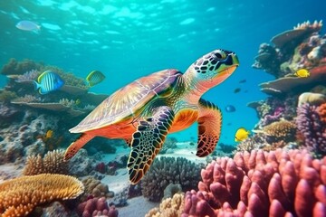 Obraz na płótnie Canvas Beautiful turtle under sea water. AI generated, human enhanced.