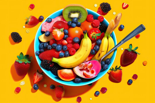 fruit in a blue bowl with spoons and strawberries on the table top view from above free stock photo