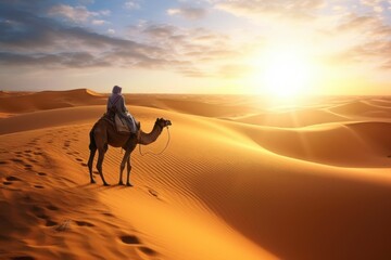 Camel in the desert. Background with selective focus and copy space. AI generated, human enhanced