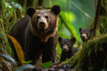 a mother bear and her two cubs in the woods, looking at the camera as they walk along their path