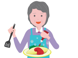 高齢者の女性が料理をしている。