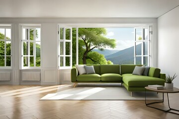 White room with sofa and green landscape in the window. Scandinavian interior design 3D illustration. Modern living room.