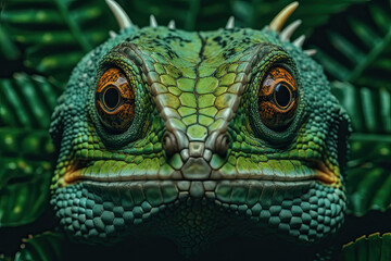 Naklejka premium a green lizard's face with orange eyes and long, sharped fangs on it's head looking directly into the camera lens