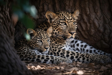 two young leopards resting in the shade on their mother's back, taken from behind an old tree
