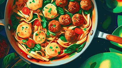 Fototapeta premium pasta and meat in a pan with tomatoes, basil leaves and other ingredients on the table top view from above