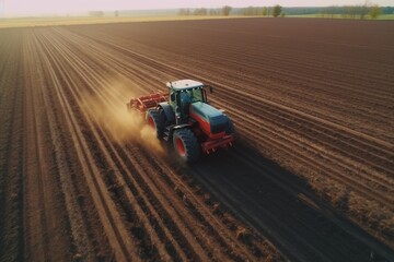 Agricultural Tractor With A Seeder Plowing, Generative AI