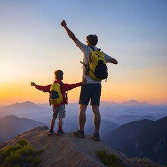 fathers and sons do together hiking facing sunset sky at the top of the mountain