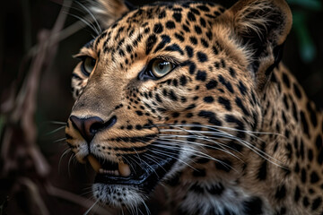 a leopard's face with its mouth open and it is looking at the camera, in front of some leaves