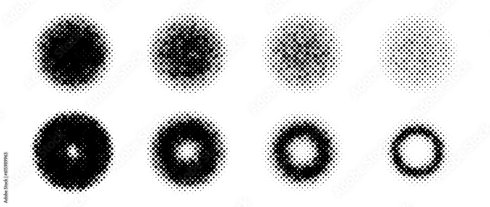 Poster halftone circle shapes set. dotted textured spheres and rings collection. comic pop art round fading