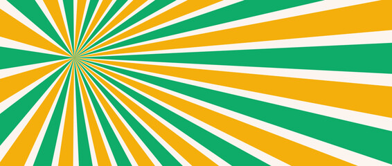 Sunburst background. Radial yellow and green lines wallpaper. Abstract sun rays and beams comic texture. Vintage summer backdrop for posters, banners, templates, flyers. Vector illustration