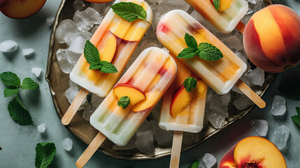 peaches and ice on a plate with mint spriges around them, ready to be enjoyed by the day