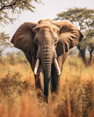 Naklejka na ściany i meble wild elephant walk through the savanna of Tarangire National Park in Tanzania, East Africa