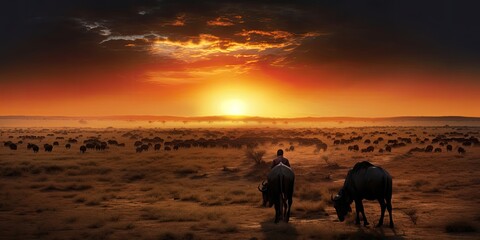Cinematic African landscape. Sahara grasslands. Sunrise over the desert plains. Safari views.