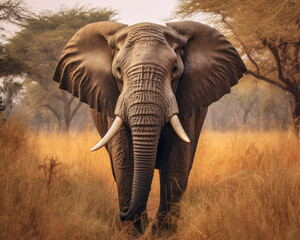 Obraz na płótnie Canvas wild elephant walk through the savanna of Tarangire National Park in Tanzania, East Africa