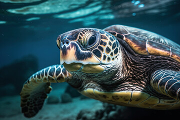 a sea turtle swimming in the ocean with its head above the water's surface looking up at the camera