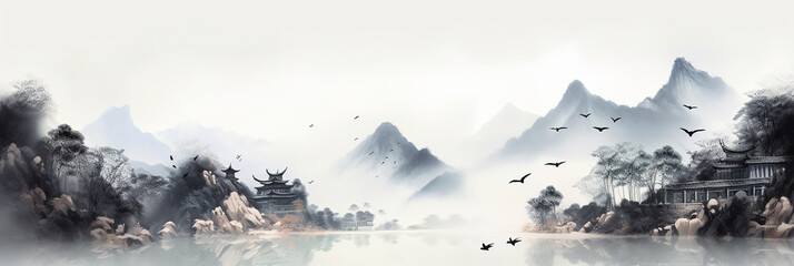 Fototapeta na wymiar A banner with a 10:3 ratio. Chinese ink painting style featuring a beautiful misty mountain landscape. Canvas image of a painting. Generative AI