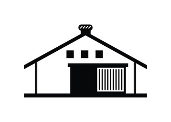 Warehouse building with sliding door. Simple illustration in black and white.