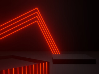 3D black geometric podium with red neon lights. Sci-Fi mock up.