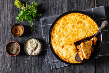 Greek Pastitsio in baking dish, top view